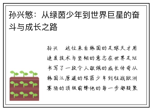孙兴慜:从绿茵少年到世界巨星的奋斗与成长之路 孙兴慜:从绿茵少年到世界巨星的奋斗与成长之路